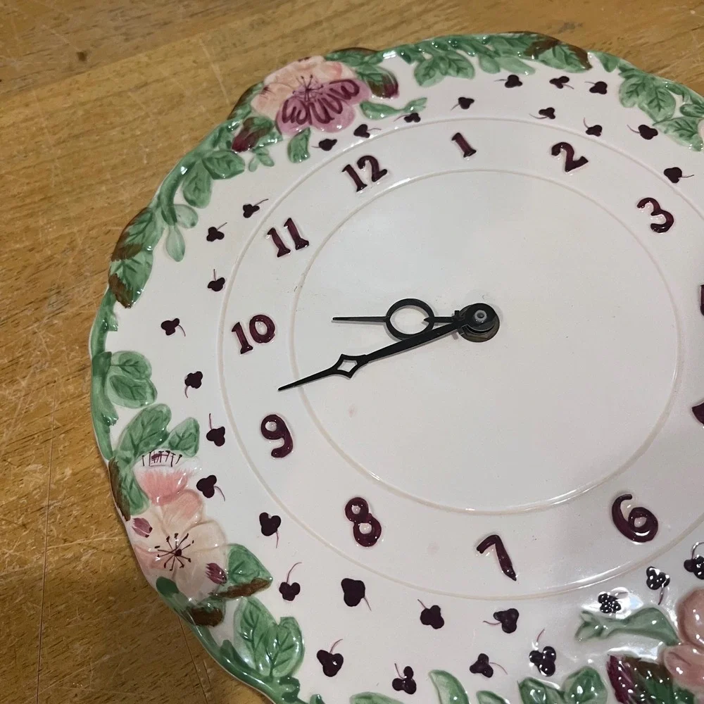 Laura Ashley Ceramic Floral Wall Clock Pink Purple White Embossed‎ 10.5 Inch